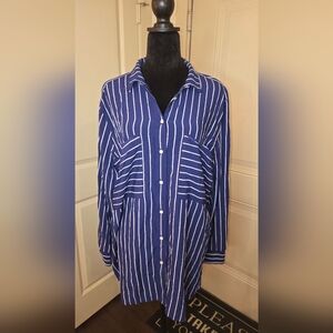 LOFT Navy and White Striped Button Down Shirt 100% Rayon Pit To Pit 23.5 Plus